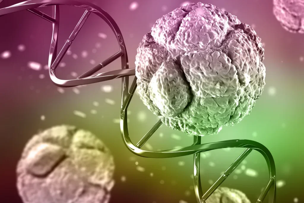 Imagem 3D de uma cadeia de DNA com célula em divisão, representando o processo de mutação genética em ambiente microscópico colorido.