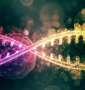 Ilustração colorida de uma hélice dupla de DNA com tons vibrantes de rosa e amarelo, simbolizando a estrutura genética e o brilho das moléculas sob fundo escuro.