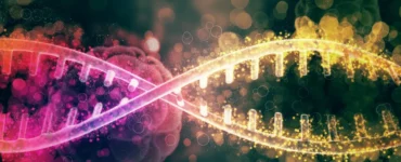 Ilustração colorida de uma hélice dupla de DNA com tons vibrantes de rosa e amarelo, simbolizando a estrutura genética e o brilho das moléculas sob fundo escuro.