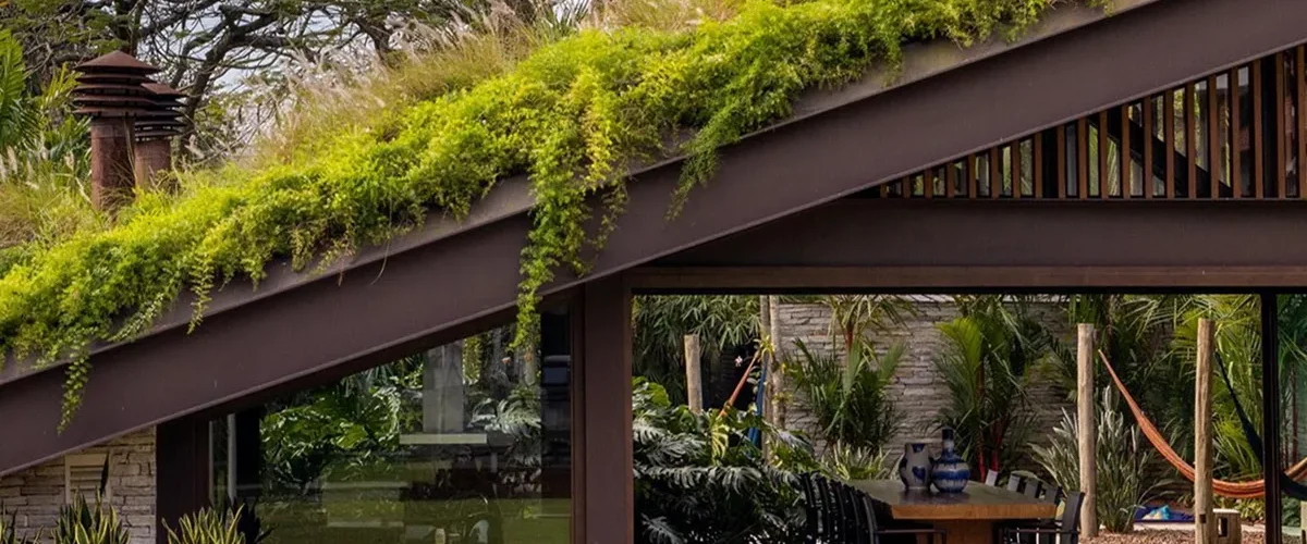 Casa moderna com telhado verde coberto por vegetação, integrando área externa com jardim e espaço de convivência.