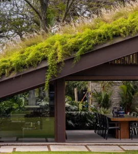 Casa moderna com telhado verde coberto por vegetação, integrando área externa com jardim e espaço de convivência.
