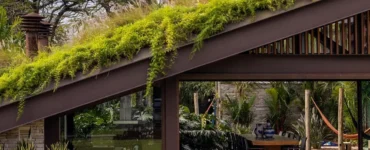 Casa moderna com telhado verde coberto por vegetação, integrando área externa com jardim e espaço de convivência.