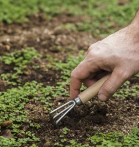 Mão utilizando ferramenta de jardinagem para revolver o solo com adubação verde, promovendo fertilidade e saúde do solo.
