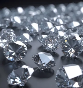 Diamantes lapidados com facetas brilhantes dispostos sobre superfície escura, refletindo luz e destacando o alto grau de transparência.