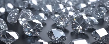 Diamantes lapidados com facetas brilhantes dispostos sobre superfície escura, refletindo luz e destacando o alto grau de transparência.