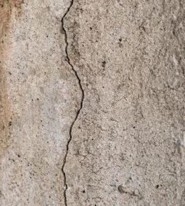 Rachadura vertical em parede de concreto mostrando desgaste e pequenos desprendimentos na superfície.