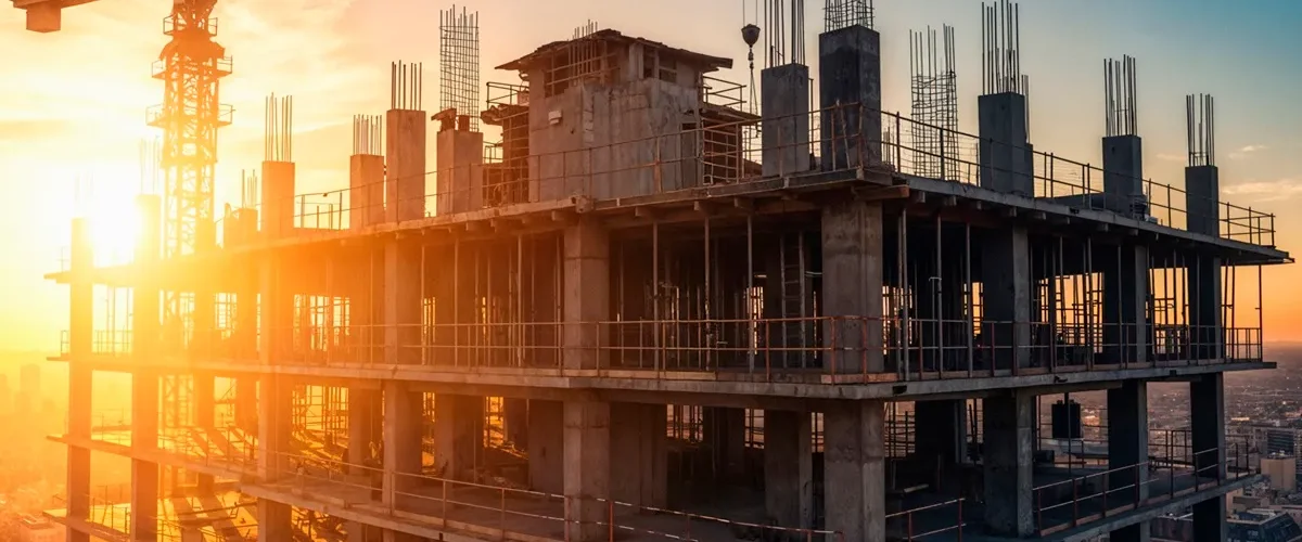 Estrutura de edifício em construção com pilares de concreto armado, lajes expostas e guindaste ao fundo durante o pôr do sol.