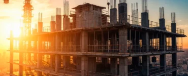 Estrutura de edifício em construção com pilares de concreto armado, lajes expostas e guindaste ao fundo durante o pôr do sol.