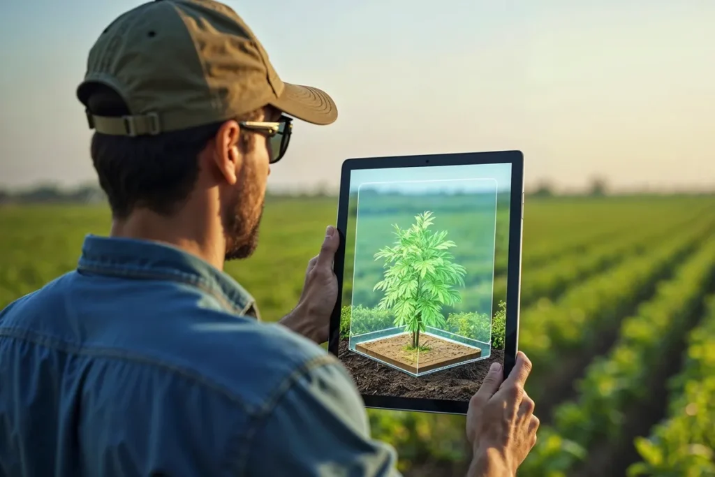 Agricultor usando tablet no campo para analisar planta e monitorar cultivo com tecnologia agrícola