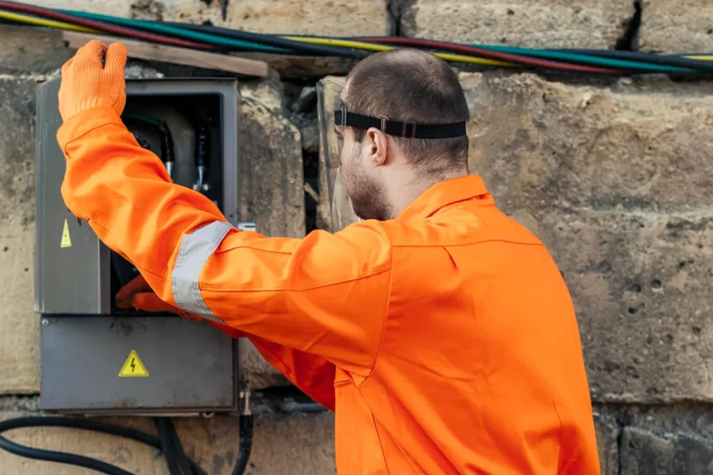 Profissional de uniforme laranja realizando manutenção em quadro de energia, usando luvas de proteção e viseira, diante de parede de pedra.