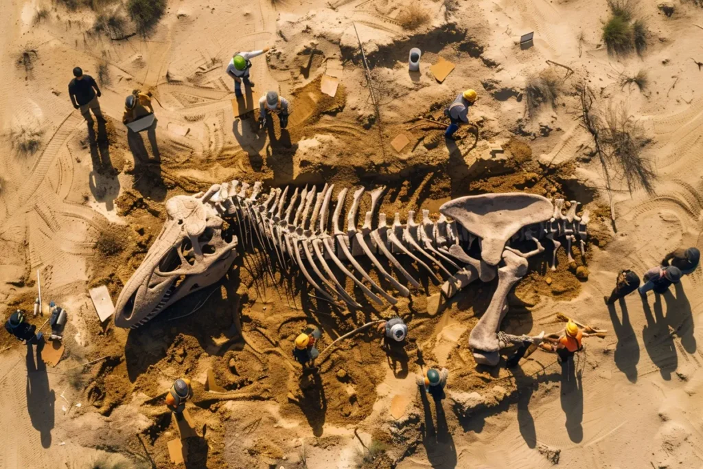 Equipe de paleontólogos escavando um enorme esqueleto de dinossauro no deserto, visto de cima.