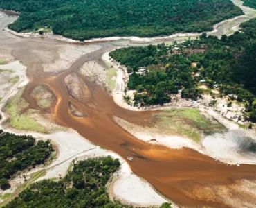 Rio da Amazônia com nível de água extremamente baixo, mostrando leito exposto, bancos de areia e floresta ao redor