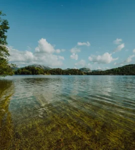 Lago de água cristalina com vegetação lateral, montanhas ao fundo e céu azul com nuvens brancas.