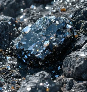 Minerais cristalizados brilhando em rocha escura, representando formação mineral e processos geológicos