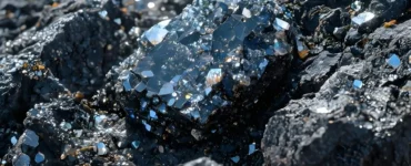 Minerais cristalizados brilhando em rocha escura, representando formação mineral e processos geológicos