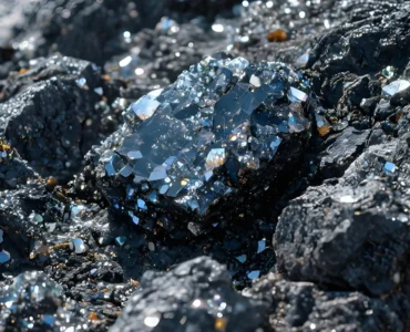 Minerais cristalizados brilhando em rocha escura, representando formação mineral e processos geológicos