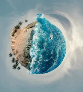 Efeito Little Planet mostrando uma praia com palmeiras e mar azul formando um mini planeta em imagem panorâmica 360 graus.