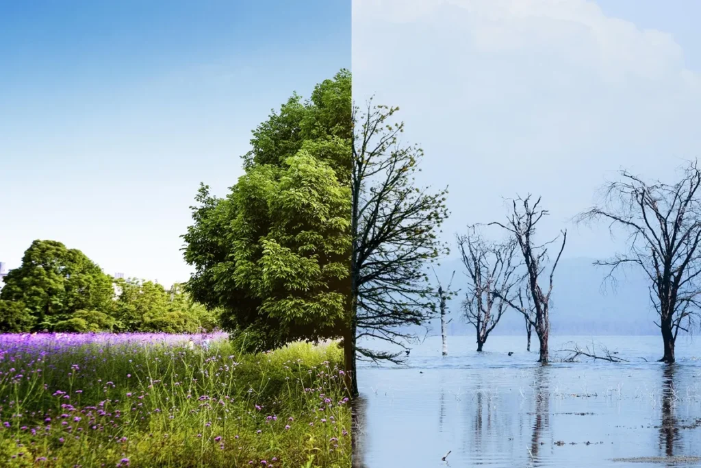 Imagem dividida mostrando um campo verde florido de um lado e uma área alagada com árvores secas do outro, simbolizando impactos das mudanças climáticas.