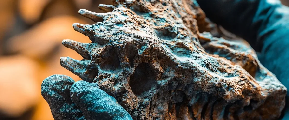 Paleontólogo segurando um fóssil de crânio pré-histórico com espinhos e textura rochosa, em ambiente de escavação.