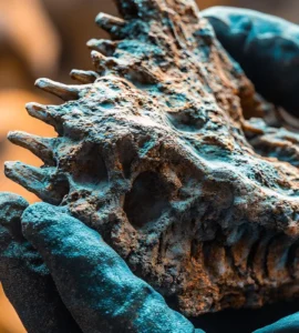 Paleontólogo segurando um fóssil de crânio pré-histórico com espinhos e textura rochosa, em ambiente de escavação.