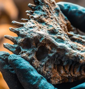 Paleontólogo segurando um fóssil de crânio pré-histórico com espinhos e textura rochosa, em ambiente de escavação.