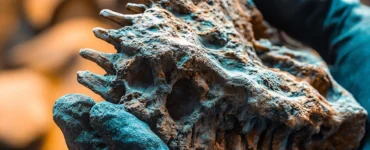 Paleontólogo segurando um fóssil de crânio pré-histórico com espinhos e textura rochosa, em ambiente de escavação.