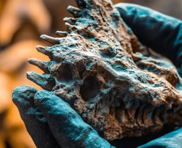 Paleontólogo segurando um fóssil de crânio pré-histórico com espinhos e textura rochosa, em ambiente de escavação.