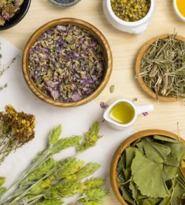 Variedade de plantas medicinais, ervas secas e óleos naturais dispostos sobre uma mesa de madeira para uso terapêutico.