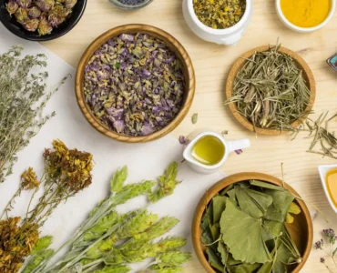 Variedade de plantas medicinais, ervas secas e óleos naturais dispostos sobre uma mesa de madeira para uso terapêutico.