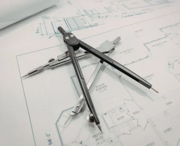 Compasso metálico aberto apoiado sobre uma planta técnica com linhas e medidas de um projeto arquitetônico.
