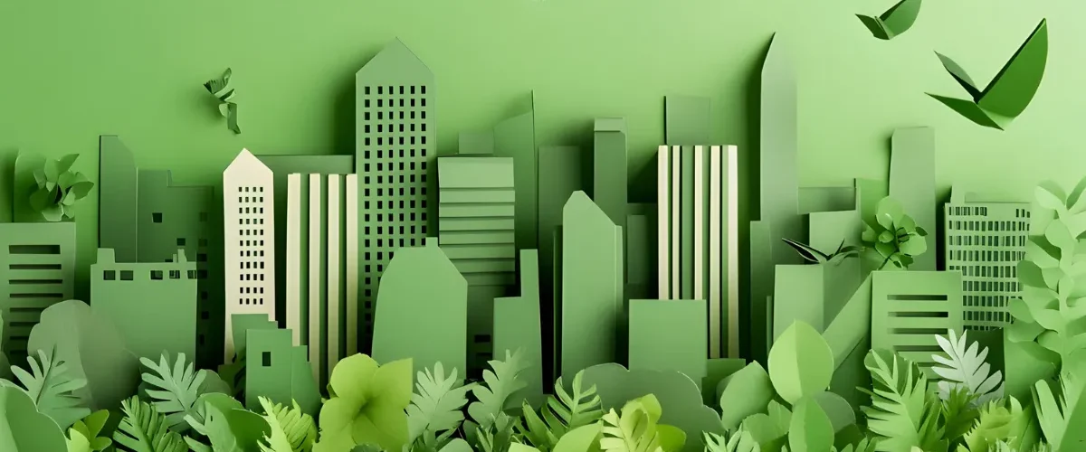 Imagem com montagem de prédios e plantas verdes