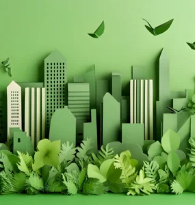 Imagem com montagem de prédios e plantas verdes
