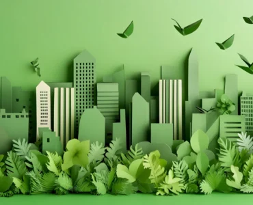 Imagem com montagem de prédios e plantas verdes