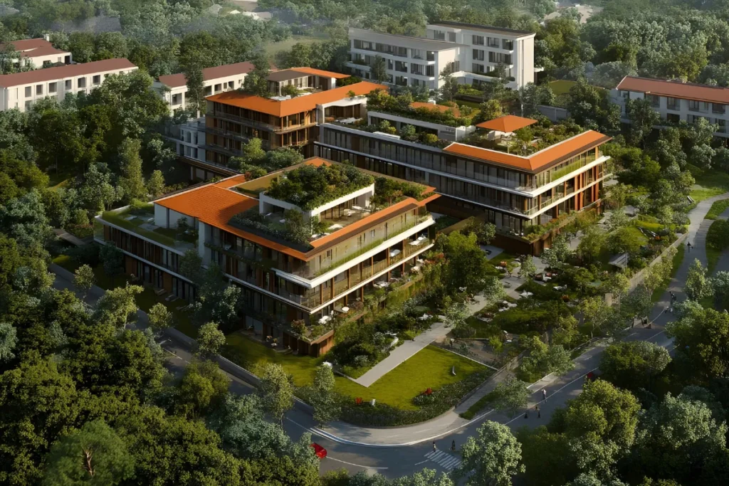 Vista de cima de construção envolta de região arborizada