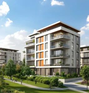 Prédio em volta de área verde