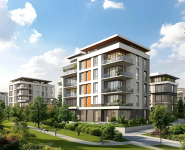 Prédio em volta de área verde