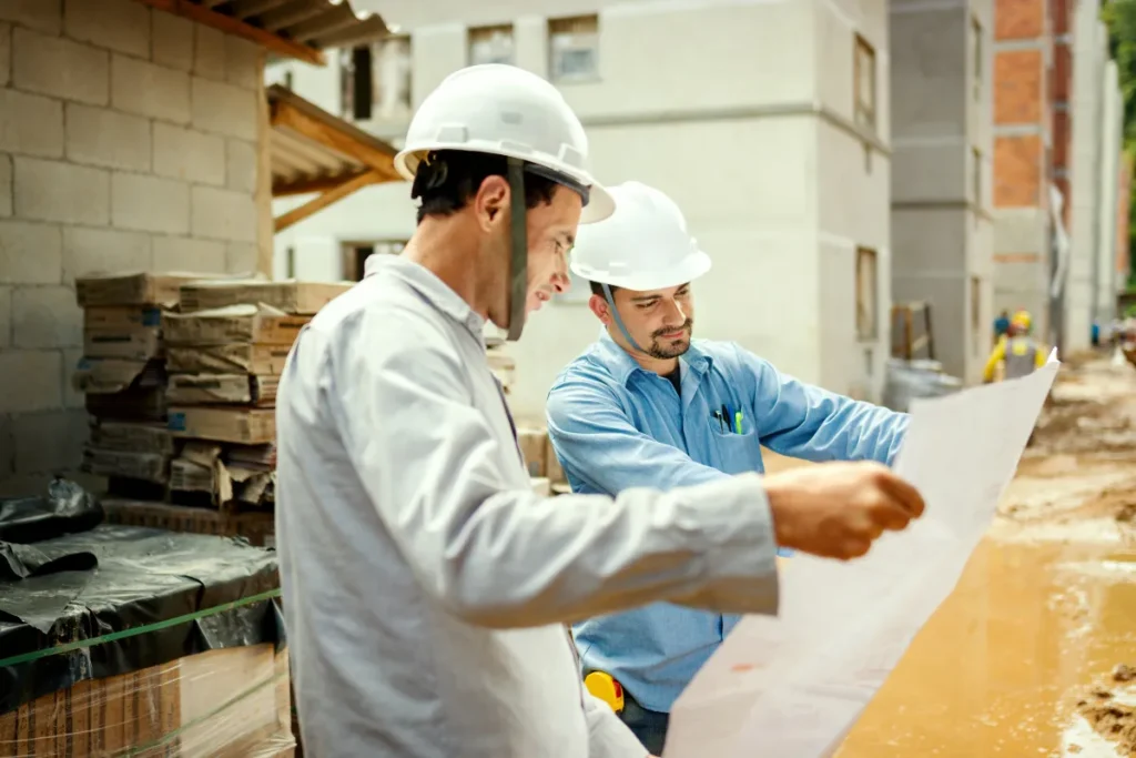 engenheiros com capacete observando planta de construção em área de obra