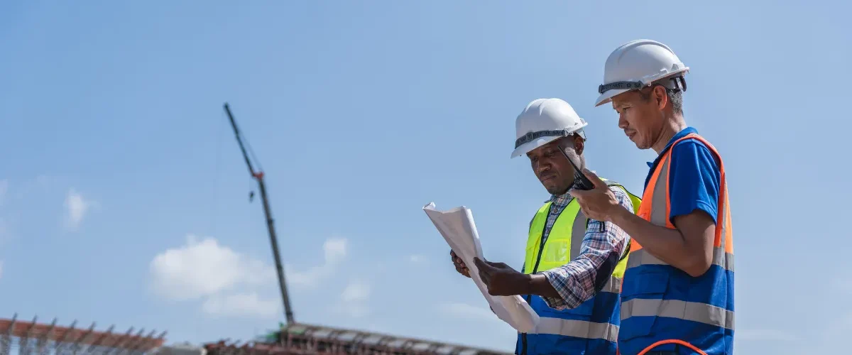 dois profissionais de construção com capacete analisando documento em obra ao ar livre