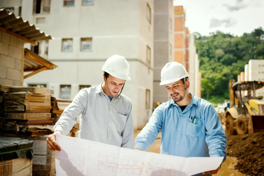 dois trabalhadores da construção segurando planta e discutindo detalhes do projeto