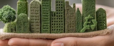 Mãos segurando uma pequena maquete de cidade formada por prédios cobertos por vegetação.