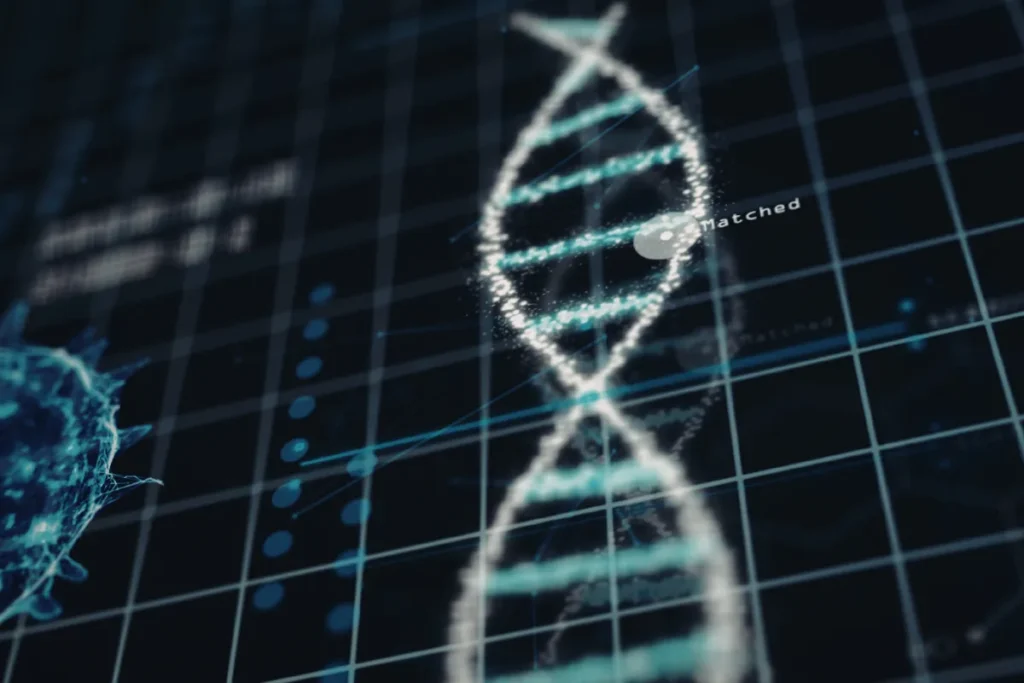 representação digital de uma dupla hélice de dna sobre fundo com grade tecnológica