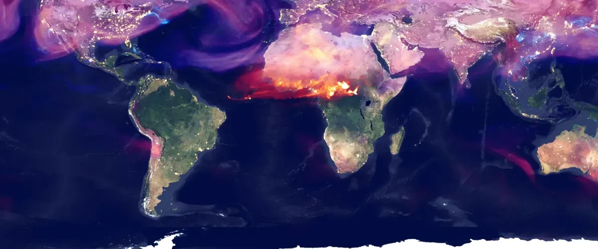 mapa mundial com visualização de emissões de CO2 destacando áreas de queima de biomassa e grandes cidades