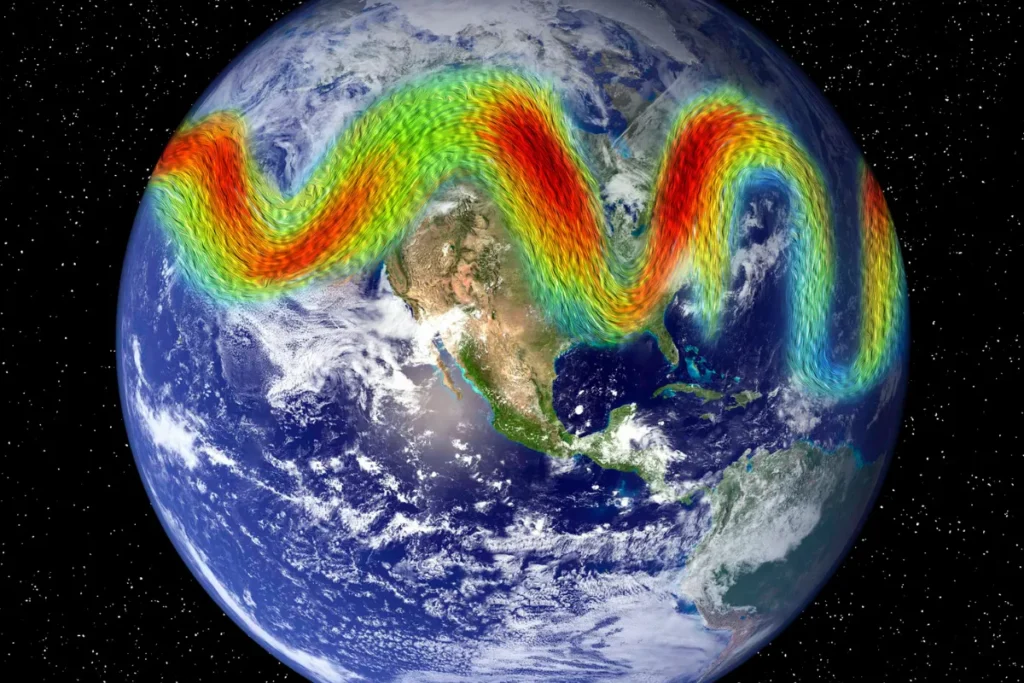 planeta Terra com faixa colorida ondulada representando corrente atmosférica sobre a América do Norte