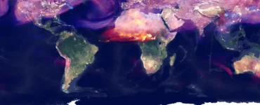 mapa mundial com visualização de emissões de CO2 destacando áreas de queima de biomassa e grandes cidades