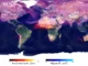 mapa mundial com visualização de emissões de CO2 destacando áreas de queima de biomassa e grandes cidades