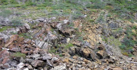 Encosta rochosa com diferentes blocos de pedra e vegetação espalhada em uma paisagem natural.