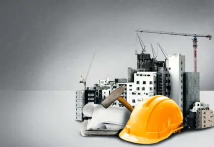 Capacete de segurança amarelo, martelo e plantas de projeto diante de prédios em construção com guindastes.