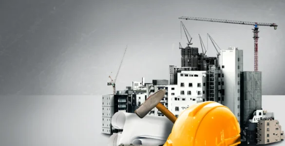 Capacete de segurança amarelo, martelo e plantas de projeto diante de prédios em construção com guindastes.