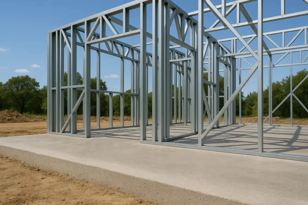 Estrutura metálica de steel frame montada sobre base de concreto em terreno aberto