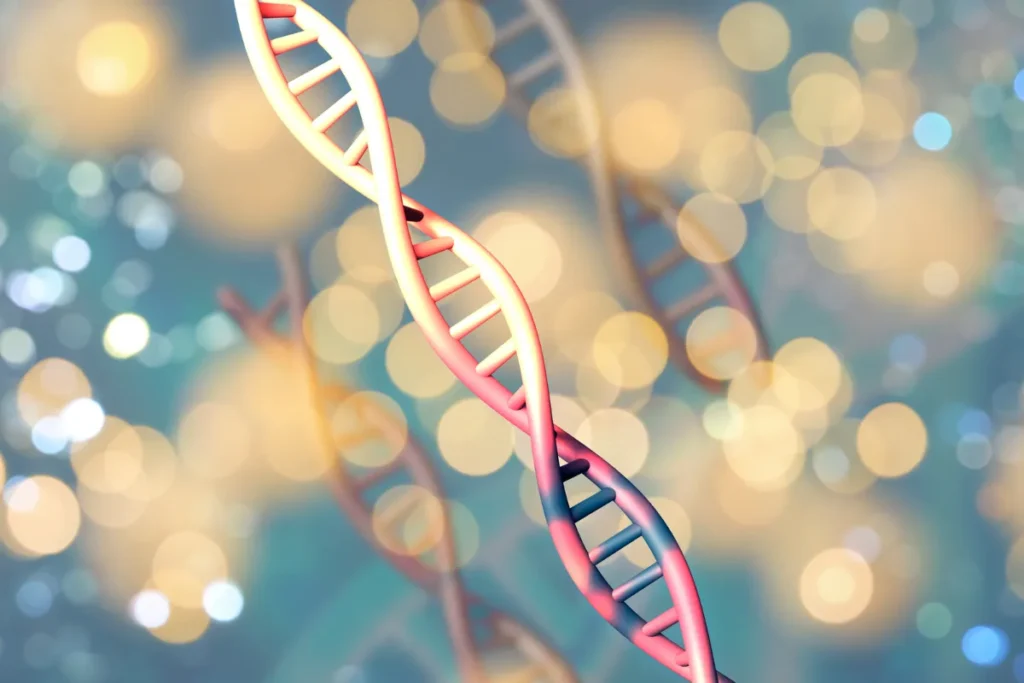 Ilustração de dupla hélice de DNA com fundo colorido e luzes desfocadas ao redor